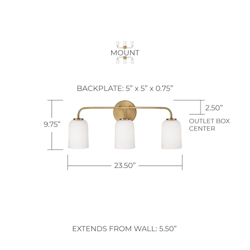 Image of HomePlace Lighting 148831AD-542 Lawson Transitional Soft White Glass Bell Vanity Light for Bathroom, 3-Light 300 Total Watts, 10 inch H x 24 inch W, Brass