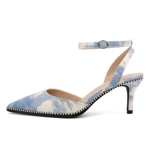 Image of SAMMITOP Kitten Heels for Women Low Heel Closed Toe Ankle Strap Pumps Wedding Party Beaded Dress Shoes 2.4 Inch