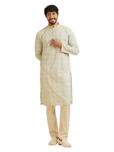 Image of Manyavar Men's Cotton Blend Floral Print & Chikankari Kurta Set (2pcs)