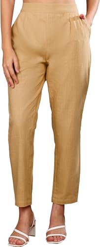 Image of Yash Gallery Women's Regular Fit Mid Rise Solid Cotton Slub Ankle Length Regular Trouser Pant