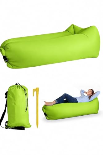 Inflatable Lounger Air Bed (Lime) - Lightweight Waterproof Portable Air Mattress with Carrying Bag and Ground Stakes 210x70cm