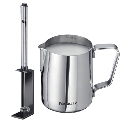 Westmark Set 2 Pezzi con Caraffa per Latte + Montalatte – Per montare la schiuma di latte e alternative vegetali per caffè, accessori barista – Acciaio inox, 247722E7