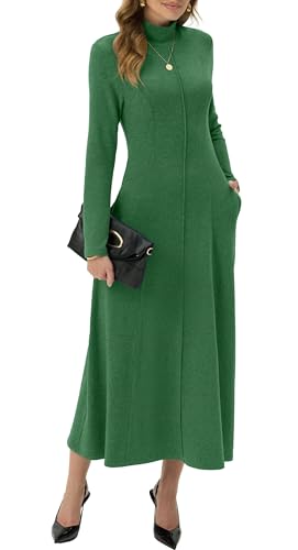 GRECERELLE Vestido largo para mujer, cuello alto, manga larga, otoño, invierno, elegante, informal, diario, citas, salón, elástico, con bolsillos, verde, M