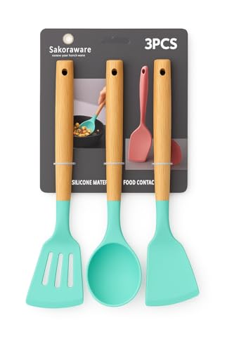 Image of Sakoraware Silicone Spatula Set with Wooden Handle Kitchen Tools Mixing | Serving Cooking Spoon | Turner | Soup Ladle | Non-Stick | BPA Free Kitchen Tool Set of 3 (Green)