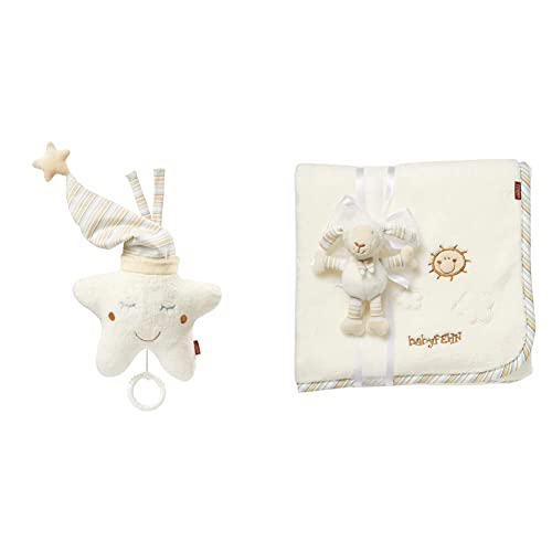 Fehn Spieluhr Baby Einschlafhilfe Stern - Spieluhr mit herausnehmbarem Spielwerk zum Aufhängen - Schlafhilfe Melodie & 396089 Kuscheldecke Schaf – Kuschelige Schmusedecke für Babys und Kleinkinder