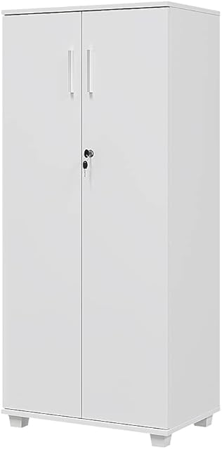Office Wood Storage Cabinet, 2 Door Engineered Wood Cupboard Tall White Slim Cabinet With Lock Bookcase Filing Cabinet For Family Office (White)
