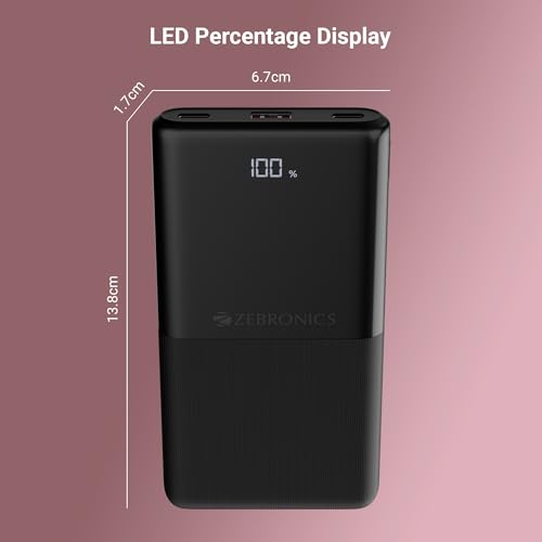 Image of ZEBRONICS 10000 mAh Power Bank | 22.5W Super Fast Charging | PD3.0 (PPS) | Dual Type-C & USB-A | LED Percentage Display | Sleek /Texured Body | for All Mobiles, Tablet, Earbuds, EnergiPod 10R1 (Black)