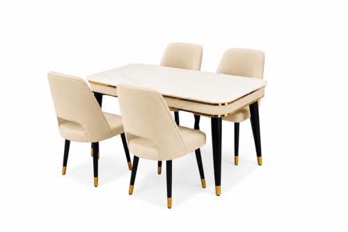 Image of WOODEN SPACE 4 Seater Wooden Dining Table Set | Urban Marble Top Dining Table with Chairs for Dining Room & Kitchen (Modern Vintage Beige) (54 x 36 x 30 inch)