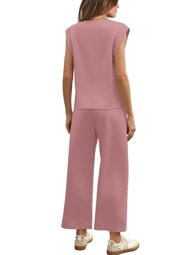 Image of SAMPEEL Two Piece Sets for Women Casual Travel Vacation Outfits Summer Wide Leg Crop Pants Lounge Sets