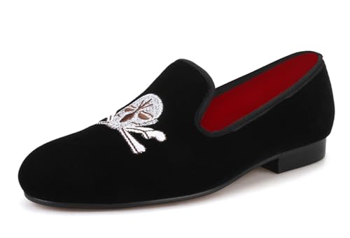 Santimon Mens Loafers Slip On Wedding Dress Velvet Penny Loafers Fashion Tuxedo Casual Business Luxury Suede Embroidery with Skulls Shoes Prom Smoking Party Disco Moccasins for Men
