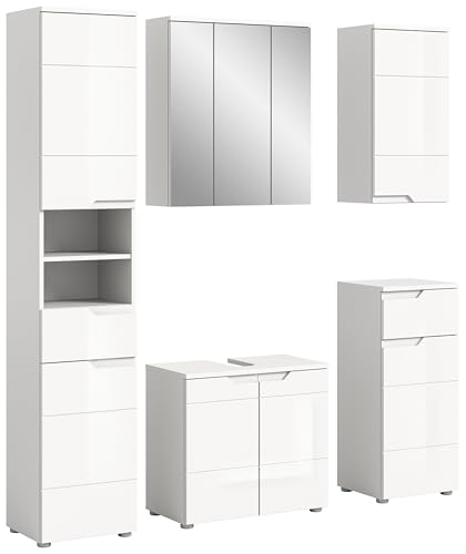 xonox.home Badezimmer Solero 5tlg. Kombination Badmöbel Set kleine Bäder Komplettprogramm Bademöbel-Set in Front weiß Hochglanz Tiefzieh Korpus weiß
