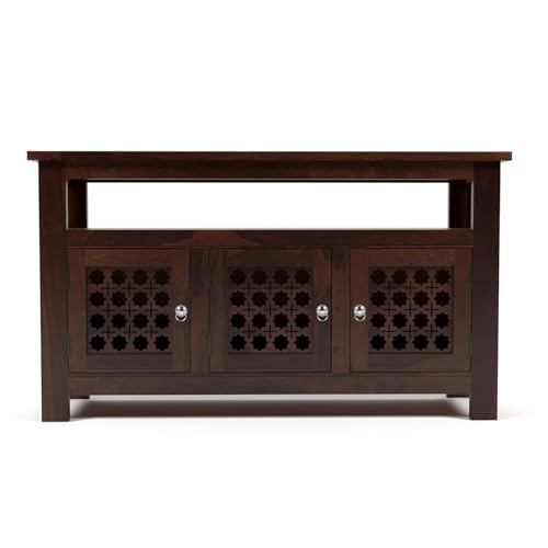Image of Solid Sheesham Wood Wooden Sideboard Storage Cabinet & Chest of Drawer : Ideal for Living Room and Bedroom with 3-Shelf Storage (Hurtado, Walnut Finish)
