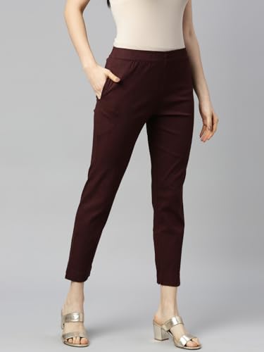 Image of MINELLI Women Solid Cigar Pants, Cotton Lycra Slub Fabric, Elasticated Waistband, Pull On Style, Regular Fit Bottom Wear for Western and Ethnic Wear