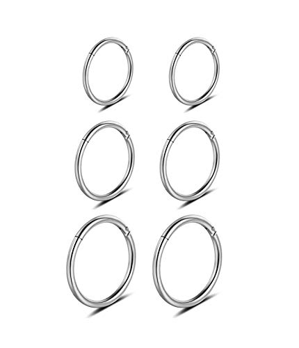 16G Stainless Steel 3 Pair Sleeper Earrings Clicker Nose Lip Ring Body Piercing for Mens Womens