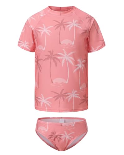 Image of Girls Two Piece Rash Guard Swimsuits Set Short Sleeve Bathing Suit for Kids Hawaiian Swimwear Set 3-16 Years