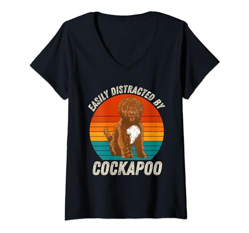 Mujer Vintage fácilmente distraído por Cockapoo Retro Cockapoo Lover Camiseta Cuello V