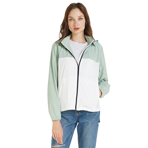 IPEUM Women s Lightweight Waterproof Rain Autumn Jacket, Color Block Drawstring Fall Hooded Windbreaker (L, MINT)