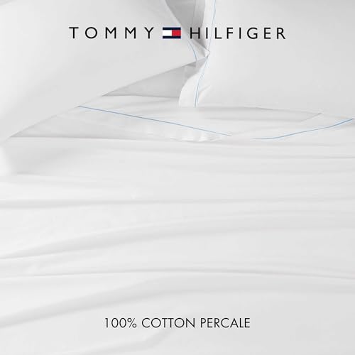 Image of Tommy Hilfiger - Sheet Set, Cotton Percale Bedding with Matching Pillowcases, Crisp & Cool, Solid Design with Hem Stripe (White /Blue, Queen)