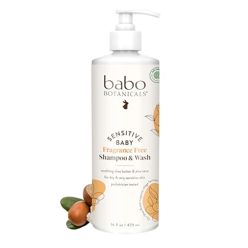 Babo Botanicals Fragrance-Free 2-in-1 Baby Shampoo & Wash - Shea Butter, Calendula & Aloe - EWG Verified, Cruelty-Free, Vegan - Pediatrician Tested - 16 Fl Oz