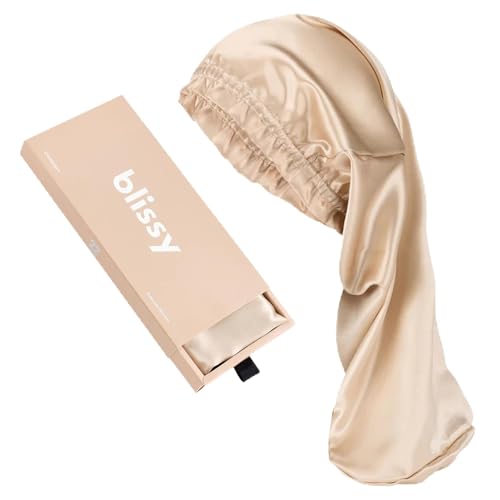 BLISSY 100% Mulberry Silk Bonnet for Sleeping Women 22 Momme Cascade Bonnet for Long Curly Hair Braids & Locs (Champagne)
