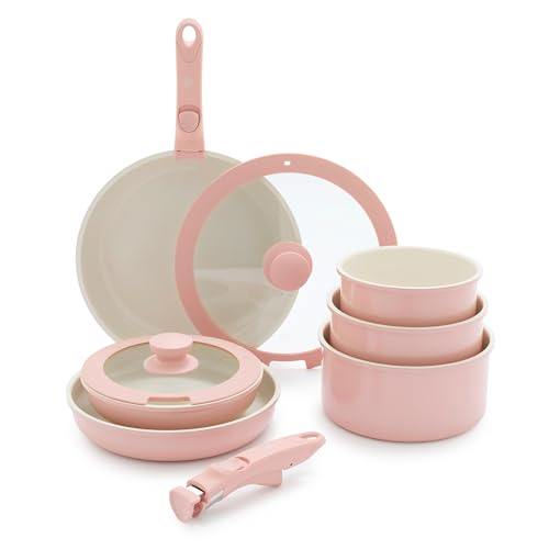 GreenLife Click 10-Piece Ceramic Nonstick Cookware Set, Detachable Handle, Stackable Space Saving Kitchen Essential, Non Toxic PFAS-Free Pots & Pans, Induction & Oven Safe, Glass Lid, Light Pink