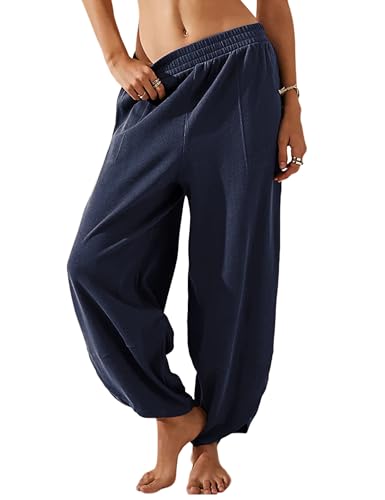 Image of Himosyber Women Cotton Pants Wide Leg Pants Casual Loose Baggy Elastic Waist Beach Palazzo Harem Pants