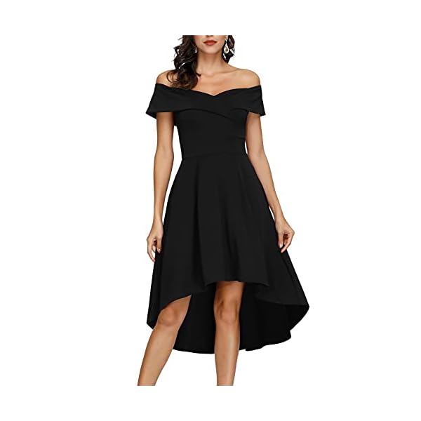 JASAMBAC-Womens-Off-Shoulder-High-Low-A-Line-Wedding-Guest-Party-Cocktail-Dress Skater Dress for Women Short Sleeve Off Shoulder Formal Homecoming Vintage A Line Dresses with Pockets Black L