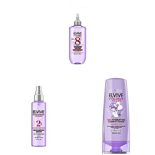 L'Oreal Paris Elvive Hyaluron Plump Flash Hydration Wonder Water Hair Rinse, 6.8 Fl Oz & Elvive Hyaluron Moisture Plump Hair Serum, 4.4 Fl Oz & Elvive Hyaluron Plump Hydrating Conditioner, 12.6 Fl Oz