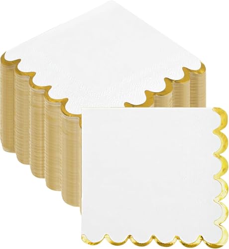 200 Serviettes de cocktail blanches, serviettes en papier jetables à bord festonné avec motif doré, pour dîner, mariage, anniversaire, fête (12 x 12 cm)