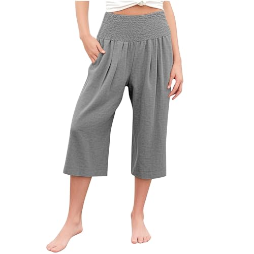 Girls Capri Pants Summer Cotton Linen Wide Leg Palazzo Pants Kids High Waisted Casual Yoga Athletic Cropped Trousers