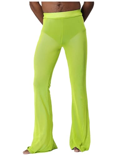 Hedmy Men's High Waist Sheer Mesh Through Flared Bell Bottom Pants Breathable Cover Up Trousers