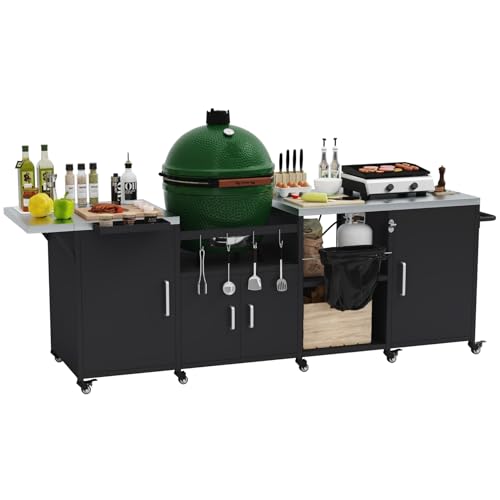 103“L Extra Large Outdoor Grill Station for Big Green Egg, Heavy Duty Grill Cart for Kamado Joe Big Joe & Tabletop Griddle, Mobile BBQ Island with Removable Cabinet & Weatherproof Cover
