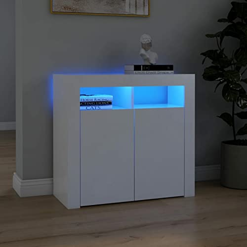 DJEKA Buffet LED Salon Salle à Manger - Meuble de Rangement Cuisine Bas - Blanc - 80x35x75 cm