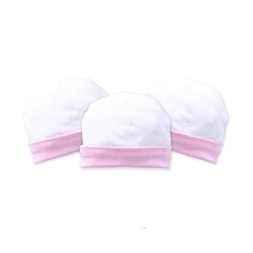 Baby's Cotton Stuff Caps, Textured White/Pink Trim Knit Caps, Baby-Girls Newborn Scratch Mitten Set, Lightweight Kids Watch Hat 3-Piece Pack