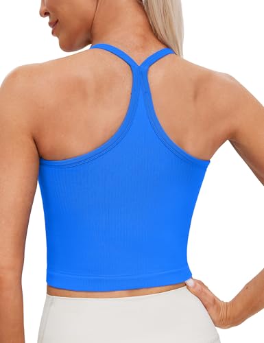 MathCat Seamless Y Back Workout Tank Tops - Spaghetti Straps Racerback Longline Sports Bras Ribbed Padded Yoga Crop Tops
