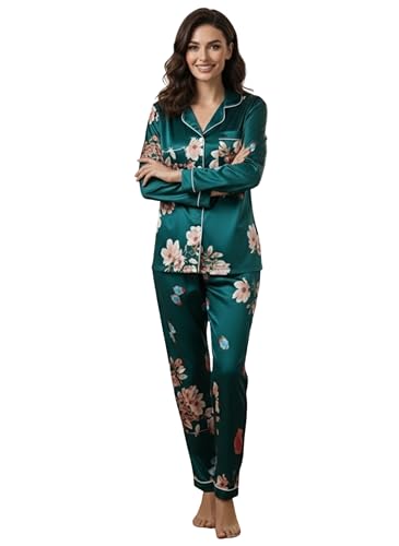 Image of Night Suit for Women with Full Sleeve Button-Down Top with Pant Dress for Woman, Night Dress for Woman, Lycra Two-Piece Loungewear Set