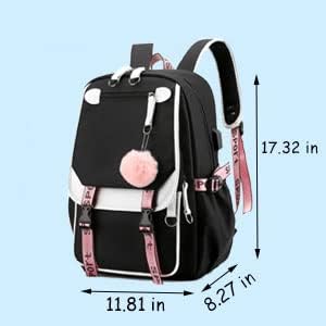 Miniatura 3 de Mochilas para niñas adolescentes con puerto USB, mochila negra linda que puede contener cuaderno de 15.6 pulgadas, Negro y rosado, 17.32*11.81*8.27