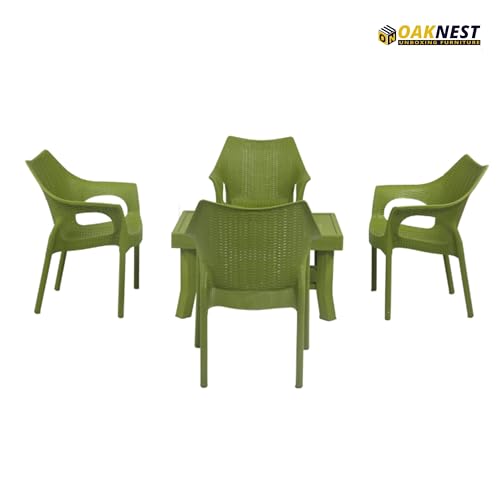 Image of Oaknest Supreme Cambridge with Vegas Plastic Outdoor Chair and Table Set | 4 Rattan Chairs + 1 Table | Weatherproof, Lightweight | Garden & Patio Use Mehandi Green