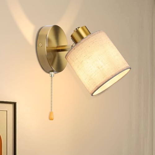 Winverty Lámpara de Pared Dorada con Interruptor, Aplique de Interior con Pantalla de Tela de Lino, Giratoria 350°, Aplique Pared Vintage E27 para Dormitorio Salón