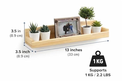 Image of Wooden Floating Wall Shelf for Home Decor | Solid Pine Wood Wall Mounted Shelf for Living Room, Bedroom & Office (Set of 2)