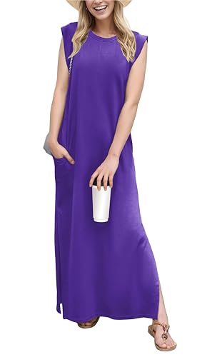 Image of GRECERELLE 2026 Women Year-Round Casual Round Neck Loose Split Wrinkle-Free Long Maxi Vacation Dress with Pockets (XXS-4XL)