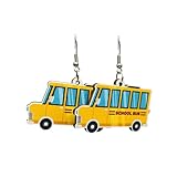 Teacher Student Dangle Earrings Pencil,Clock, School Bus, Paintboard,Chemical Experiment Teacher's Gift Back to First Day of College Wooden Jewelry for Women-School Bus