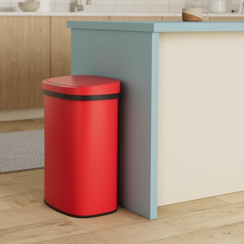 Image of BestOffice | 13 Gallon Stainless Steel Trash Can with Lid | Red | Automatic Touchless Garbage Can | Odor Control | Modern Oval Design | Easy to Clean | For Kitchen, Bathroom, Office or Home