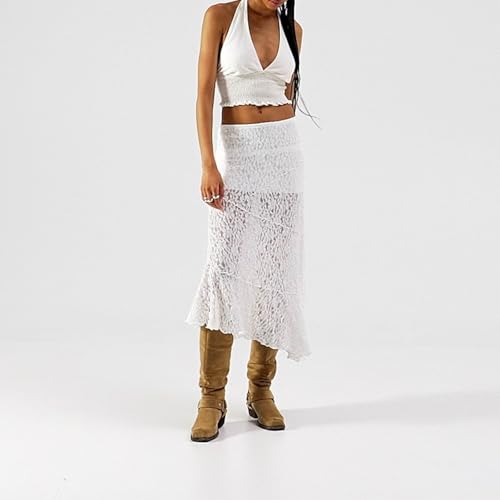 Womens Summer Lace Maxi Skirt Elastic Waist See Through Asymmetric Hem Beach Cover Up Floral Long Skirt3