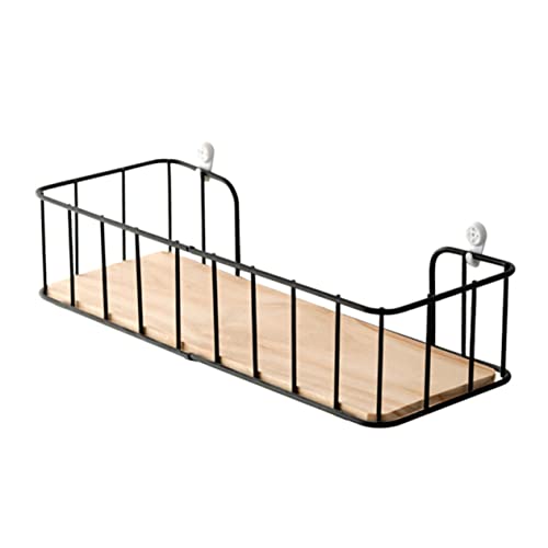 Happyyami Wall Mounted Storage Rack No Punching Wrought Iron Shelf for Living Room Bedroom Kitchen Black Wooden Wall Shelf for Organizing Cosmetics Towels and Essentials
