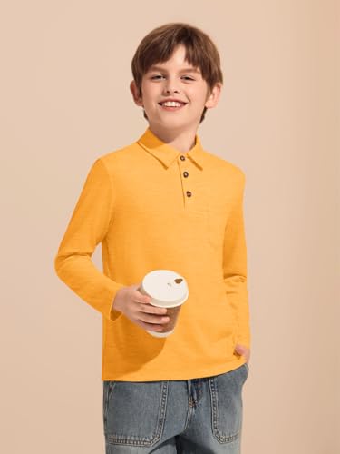 Image of Haloumoning Boys Long Sleeve Polo Shirts Kids Casual Button School Uniform Shirts with Chest Pocket 5-14 Years