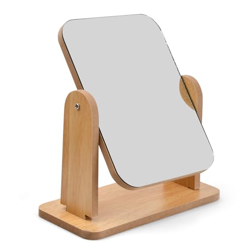 NATUCE Espejo de Mesa de Madera Rectangular Pequeño, Giratorio de 360 Grados con Soporte para Maquillaje y Cosmético 22 * 18cm