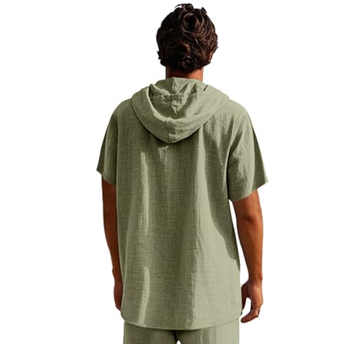 Mens Summer Cotton Linen Hooded Shirts Casual Short Sleeve Button Down Blouses Fashion Lightweight Hoodie with Pocket4