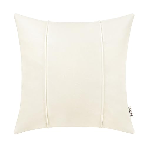 Image of BRAWARM Cream Leather Throw Pillow Covers 22 X 22 Inches - Faux Leather Pillow Cover with Piping, Hand Stitched Faux Leather Throw Pillow for Couch Sofa Bed Living Room Home Decorative