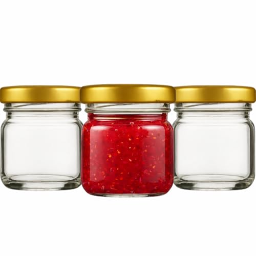 Made in Home - Lot de 100 Mini Pots en Verre de 40 ml à Épices avec Couvercle à Visser, Bocaux Ronds à Confiture et Miel (Couvercles Dorés)